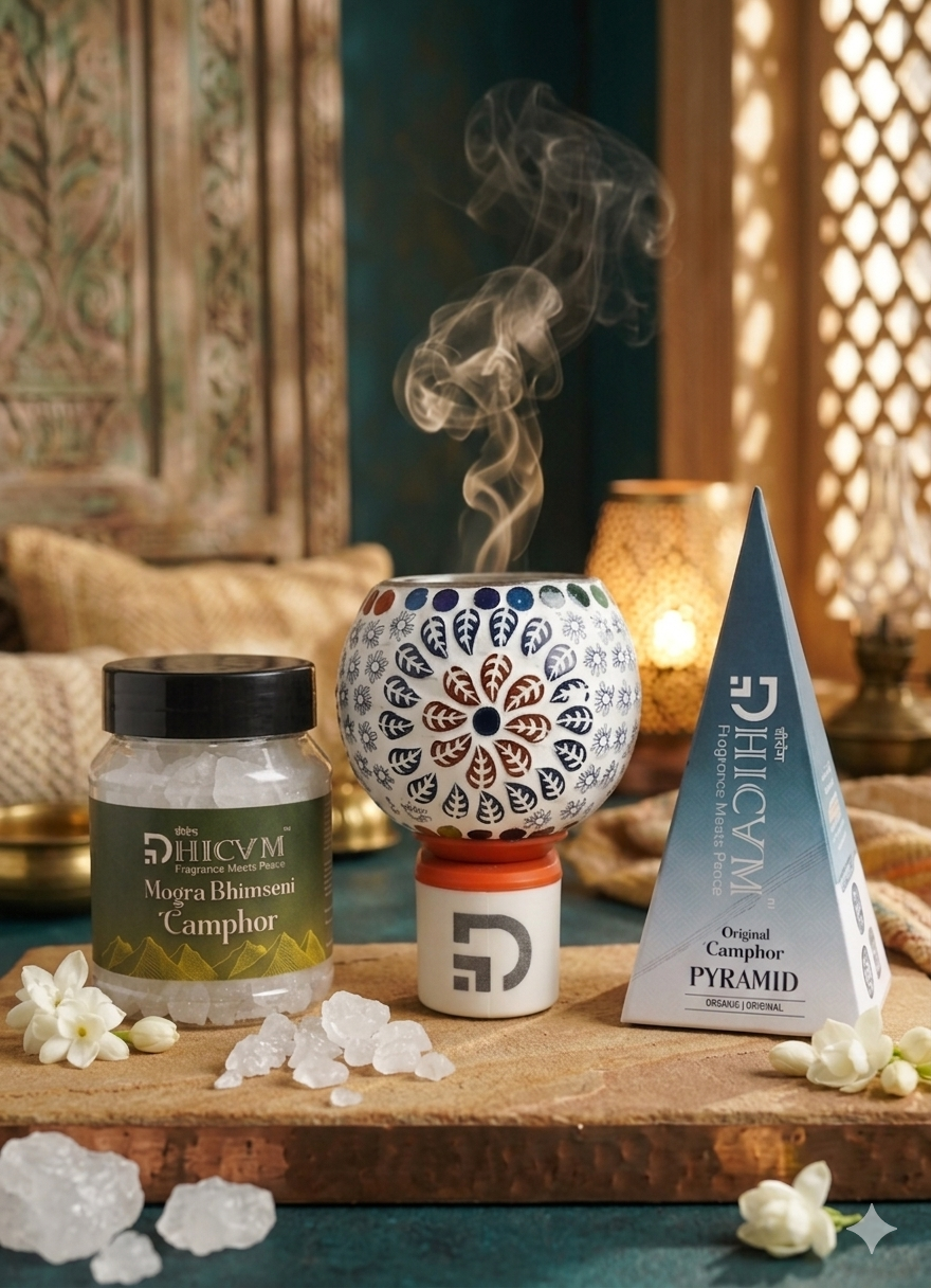 DHICAM Original Camphor Pyramid with Bhimseni Camphor & Ceramic Diffuser | Natural Aroma for Home, Office & Meditation