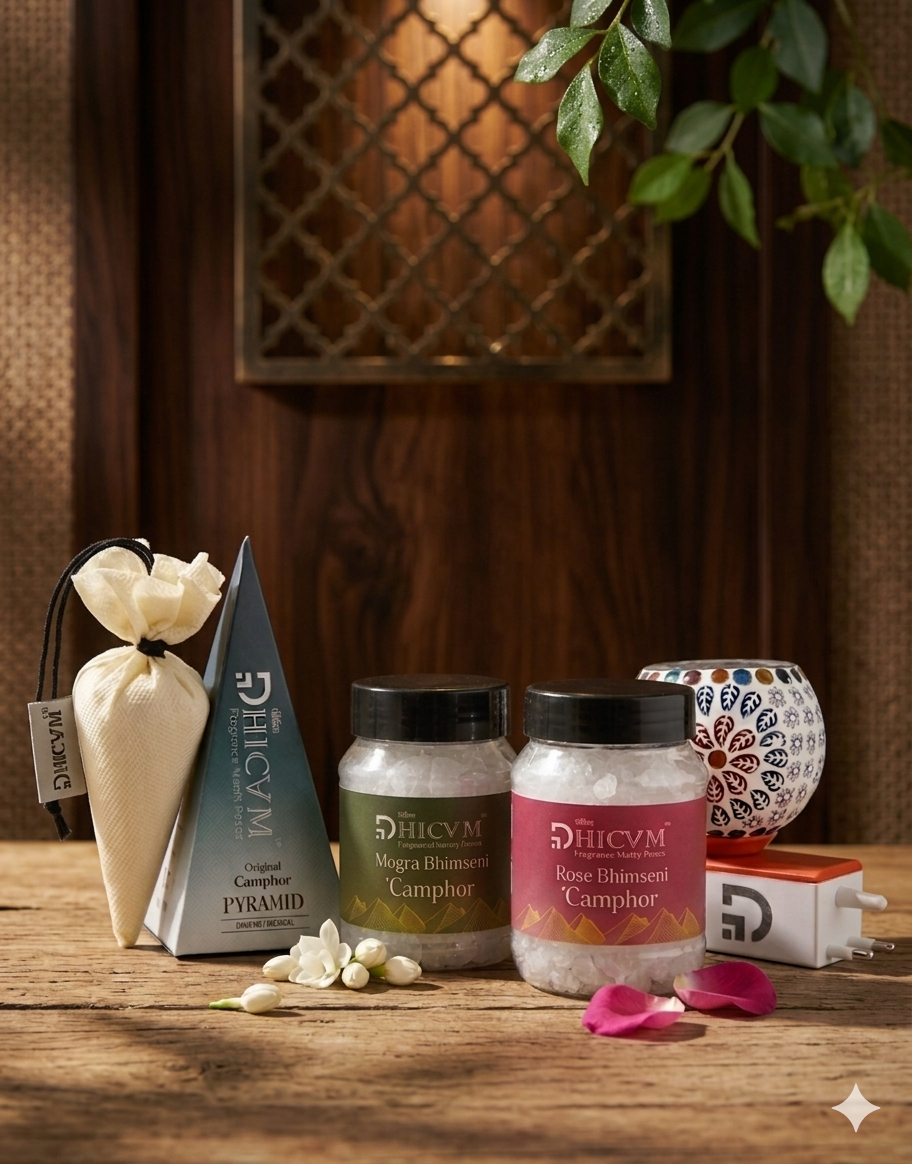 DHICAM Premium Camphor Fragrance Gift Set - Rose & Mogra Bhimseni Camphor with Original Camphor Pyramid and Diffuser