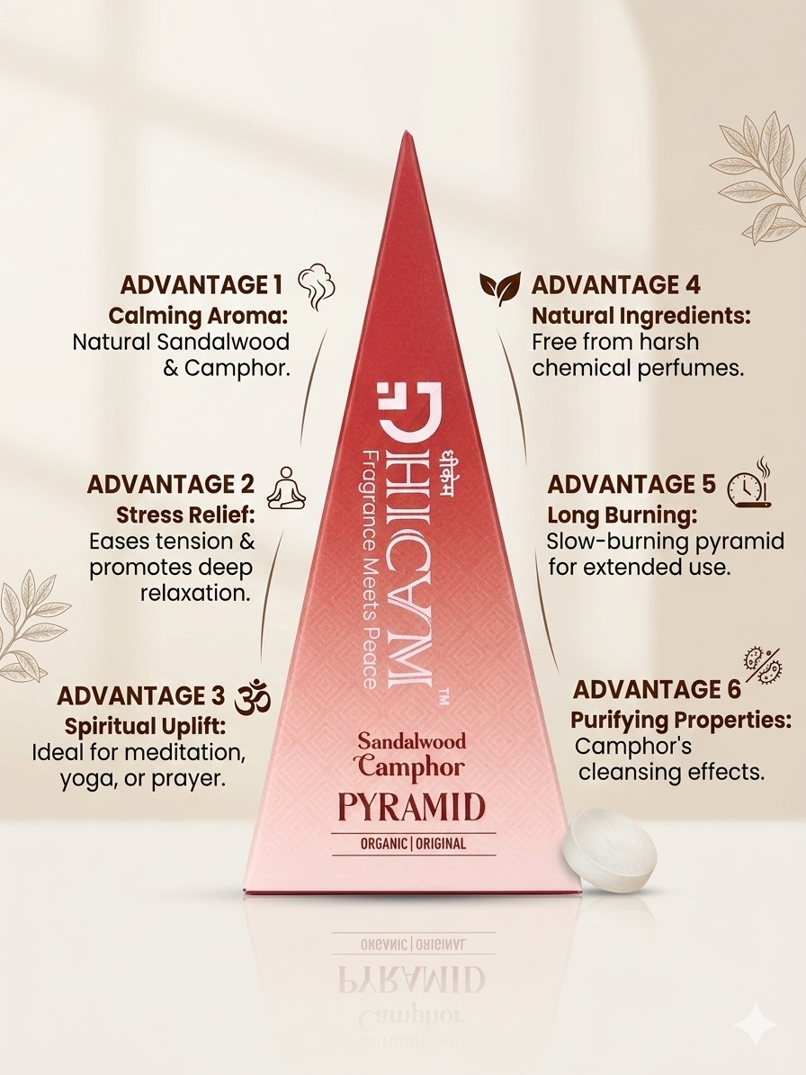 DHICAM Aroma Pyramid – Sandalwood | Bhimseni Camphor Car & Room Freshener | 100% Natural | Zero Synthetic