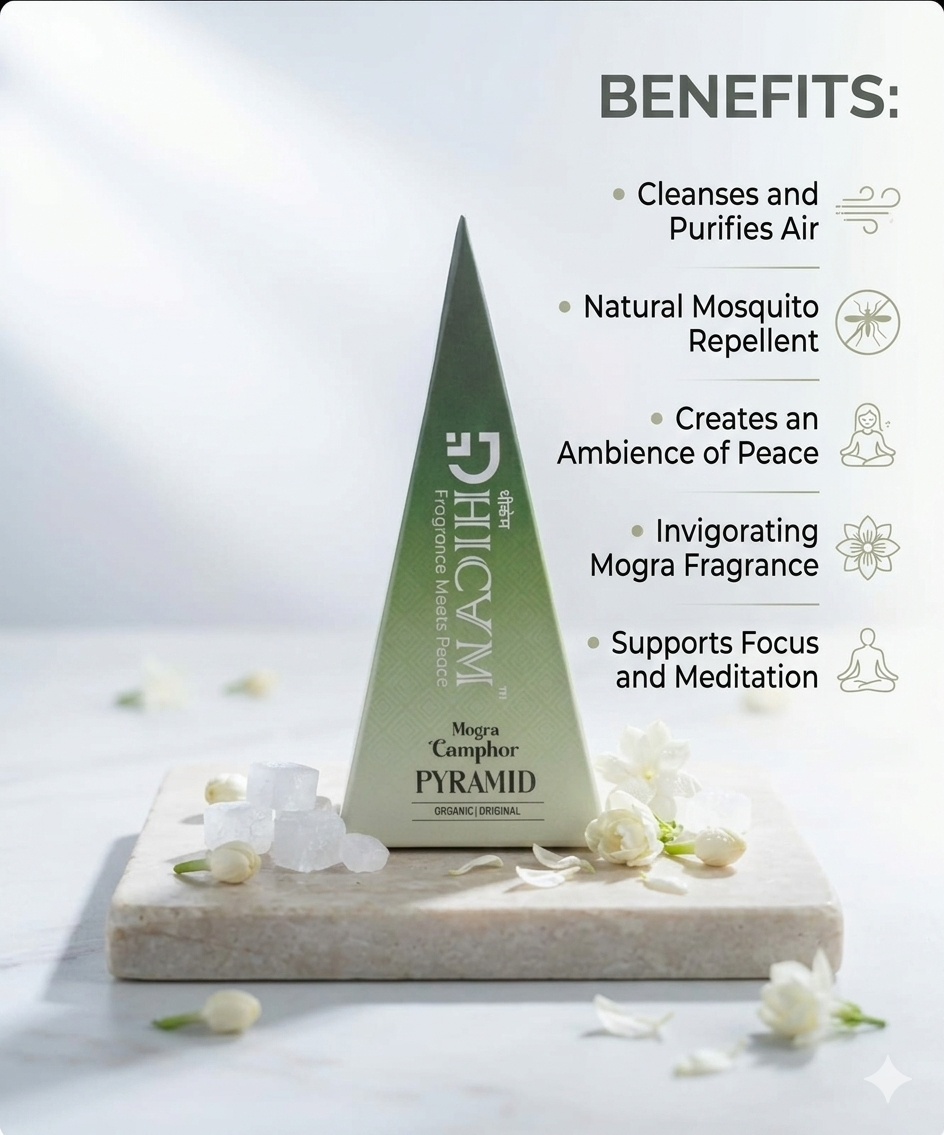 DHICAM Aroma Pyramid – Mogra | Bhimseni Camphor Car & Room Freshener | 100% Natural | Zero Synthetic