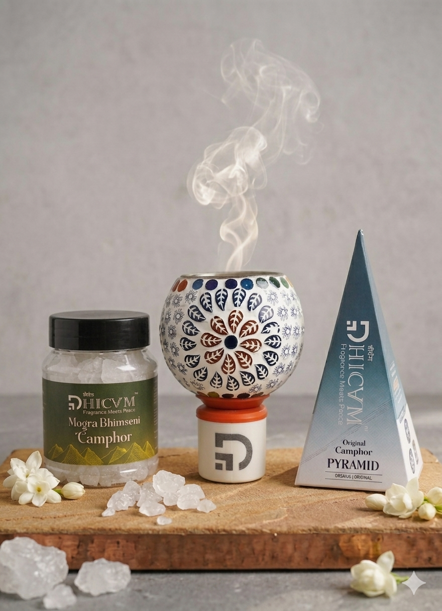 DHICAM Original Camphor Pyramid with Bhimseni Camphor & Ceramic Diffuser | Natural Aroma for Home, Office & Meditation