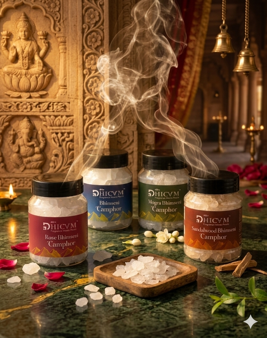 DHICAM Premium Bhimseni Camphor Combo Pack – Rose, Mogra, Sandalwood & Pure Camphor | Long Lasting Natural Aroma for Puja, Meditation & Home Fragrance