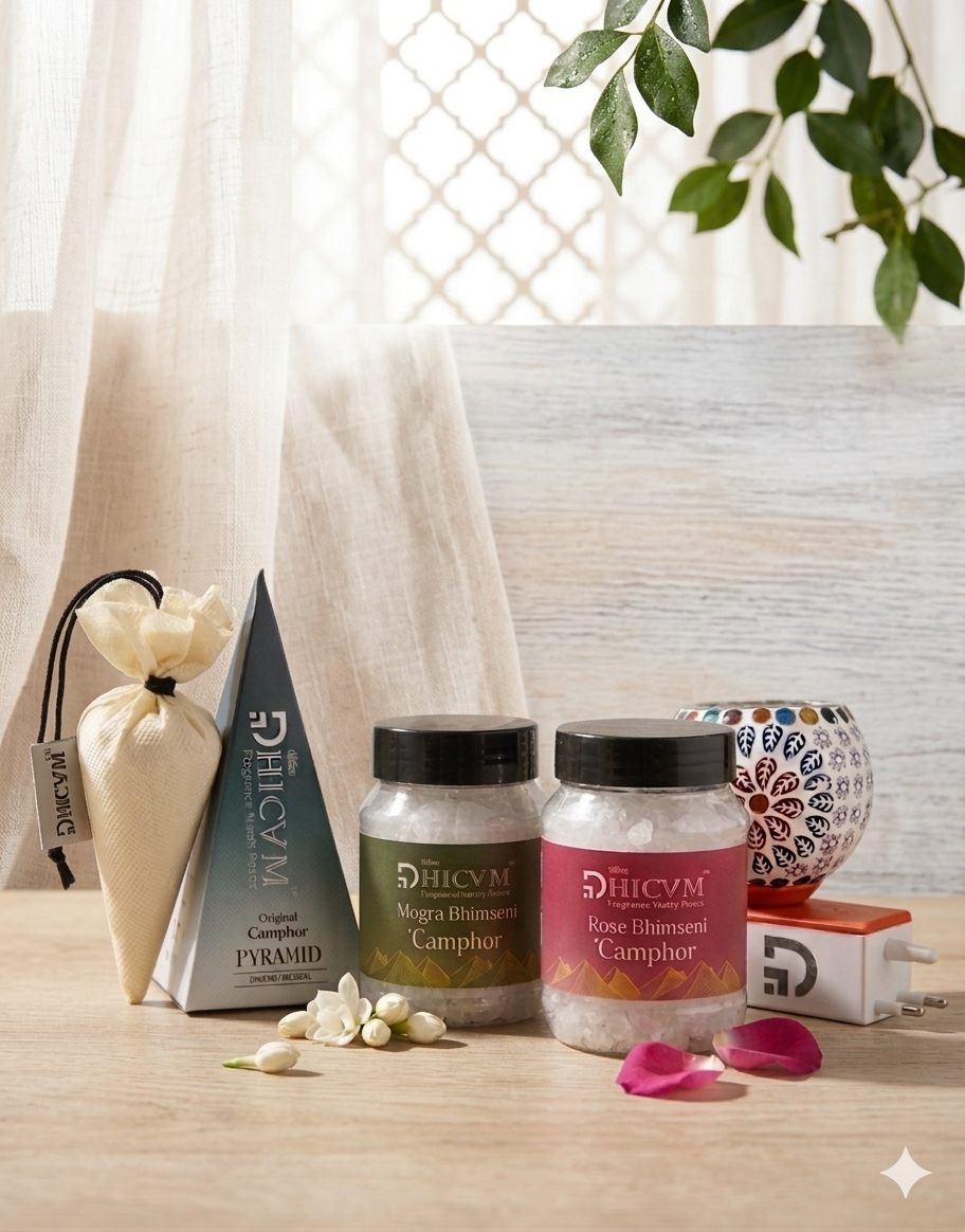 DHICAM Premium Camphor Fragrance Gift Set - Rose & Mogra Bhimseni Camphor with Original Camphor Pyramid and Diffuser