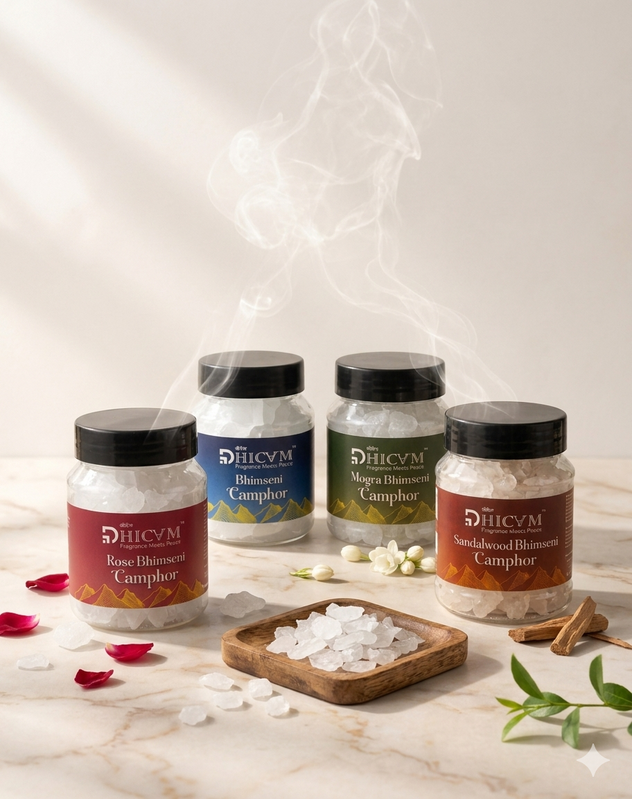 DHICAM Premium Bhimseni Camphor Combo Pack – Rose, Mogra, Sandalwood & Pure Camphor | Long Lasting Natural Aroma for Puja, Meditation & Home Fragrance