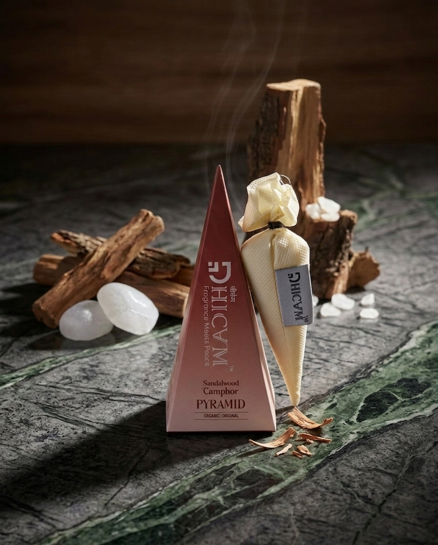DHICAM Aroma Pyramid – Sandalwood | Bhimseni Camphor Car & Room Freshener | 100% Natural | Zero Synthetic
