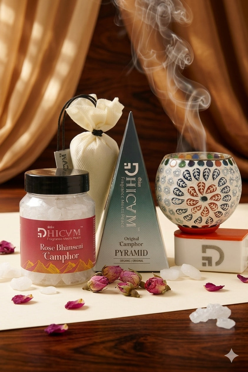Premium Rose Camphor Combo by DHICAM – Bhimseni Camphor, Camphor Pyramid & Decorative Diffuser Set
