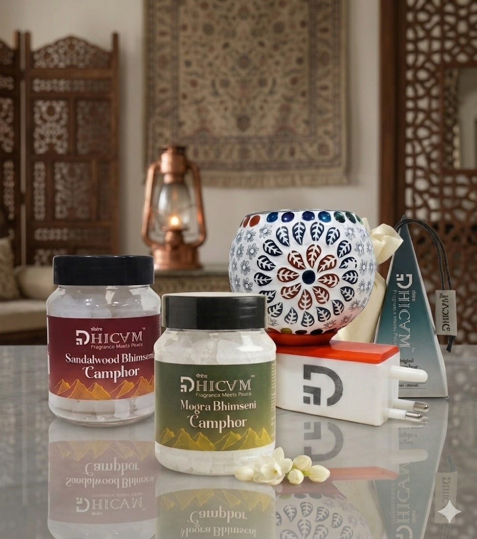 DHICAM Premium Camphor Fragrance Gift Set - Rose & Mogra Bhimseni Camphor with Original Camphor Pyramid and Diffuser