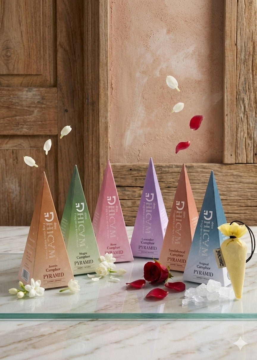 DHICAM Premium Camphor Pyramid Collection – Rose, Mogra, Lavender, Sandalwood & Oud Fragrance | Long Lasting Home & Car Freshener