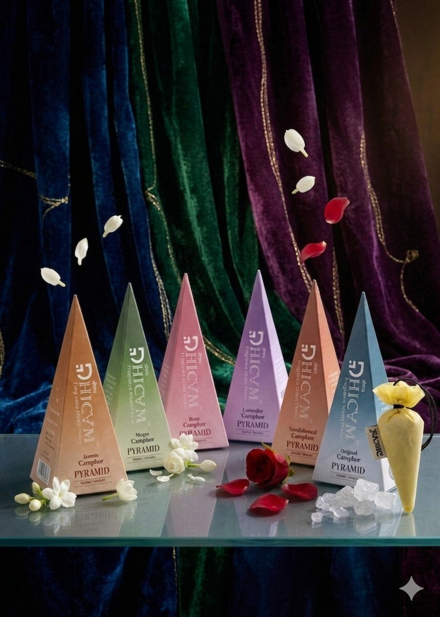 DHICAM Premium Camphor Pyramid Collection – Rose, Mogra, Lavender, Sandalwood & Oud Fragrance | Long Lasting Home & Car Freshener